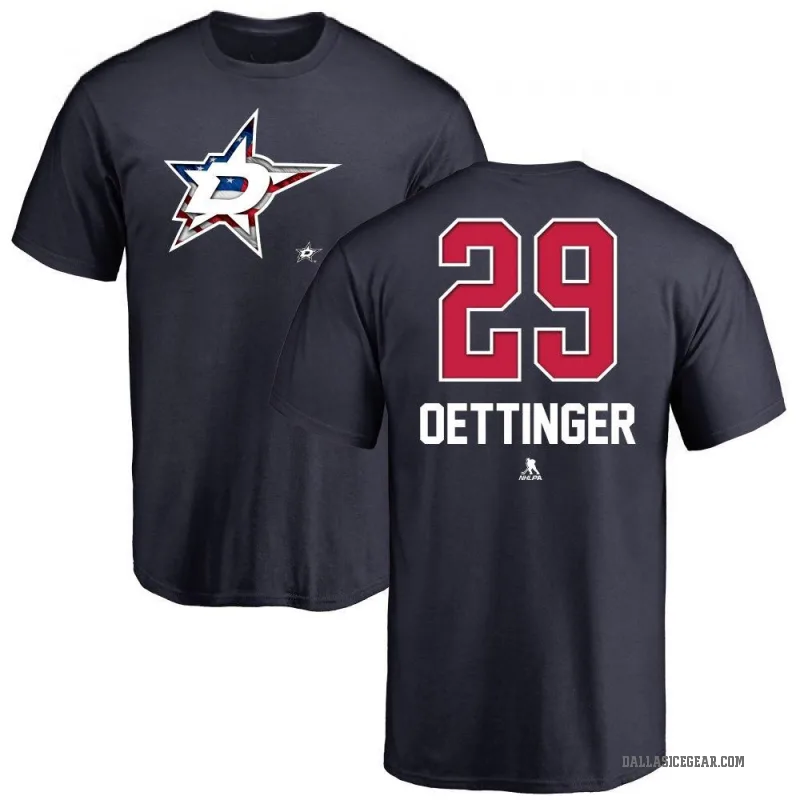 Jake Oettinger Men's Navy Dallas Stars Name and Number Banner Wave T-Shirt -