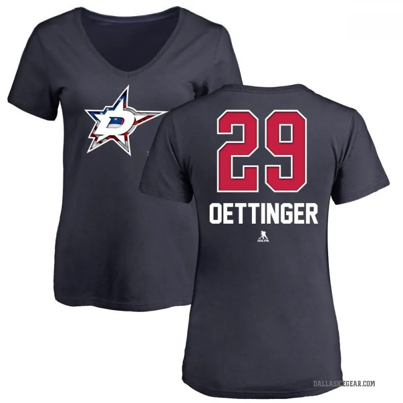 Jake Oettinger Women's Navy Dallas Stars Name and Number Banner Wave V-Neck T-Shirt -